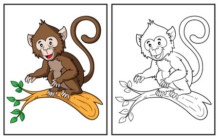 Coloring book cute monkey. Coloring page and colorful clipart character. Vector cartoon illustration.のイラスト素材