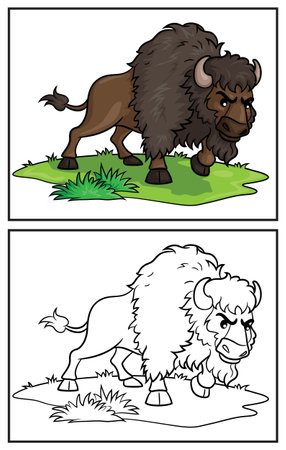 Coloring book cute bison. Coloring page and colorful clipart character. Vector cartoon illustration.のイラスト素材