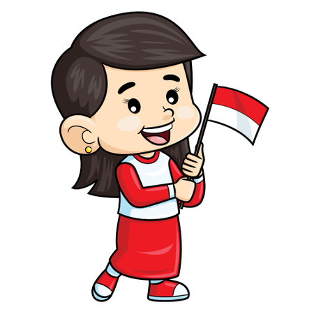 Cute cartoon illustration of a girl holding the Indonesian flag happily. Independence Day.のイラスト素材