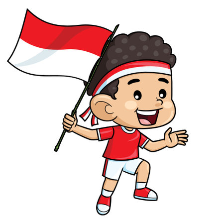 Cute cartoon illustration of a boy holding an Indonesian flag while jumping happily. Independence Day.のイラスト素材