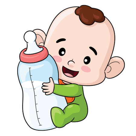Cute cartoon illustration of baby hugging a big pacifier bottle.のイラスト素材