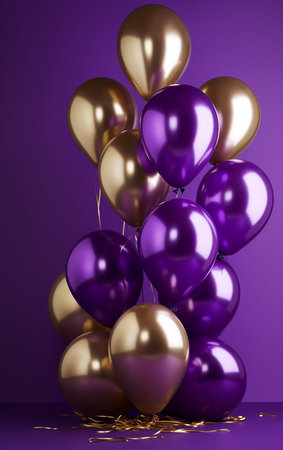 Purple balloons with golden ribbons on purple background. 3D renderingの素材