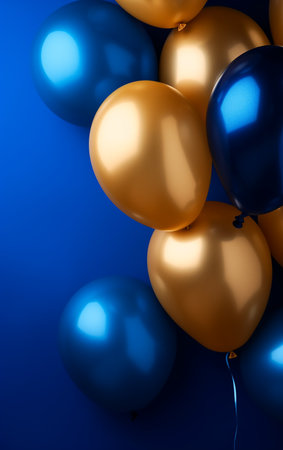 Golden and blue balloons on blue background. 3D rendering.の素材