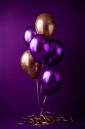 Purple and gold balloons on a purple background. 3d renderingの素材