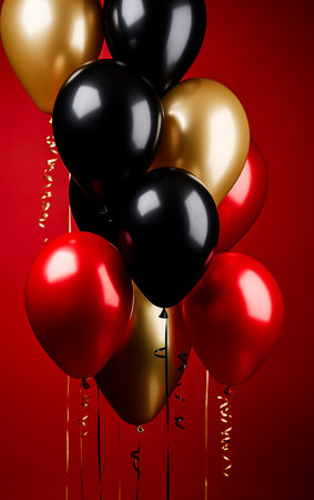 Red, black and gold balloons on a red background. 3d renderingの素材