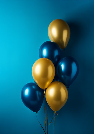 Blue and yellow balloons on a blue background. 3d rendering.の素材
