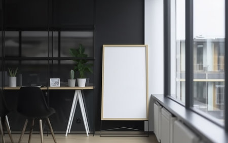 Blank vertical poster mockup in modern office, 3d renderの素材