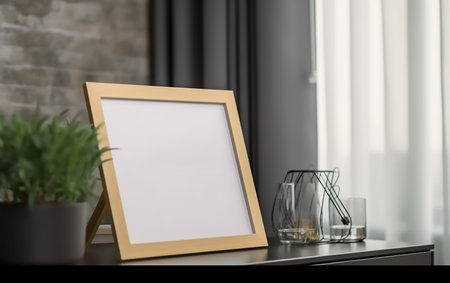 Blank photo frame on the table in living room. 3d renderingの素材