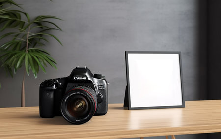 Blank photo frame and camera on wooden table. 3d renderingの素材