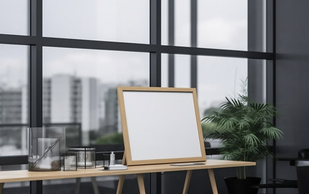 Blank picture frame on wooden desk in modern office. Mockup, 3D Renderingの素材