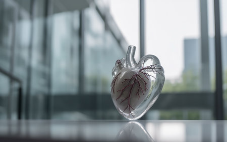 Human heart in a glass vase on a glass table in front of a modern office buildingの素材