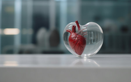 Human heart inside a glass heart-shaped vase with copy spaceの素材