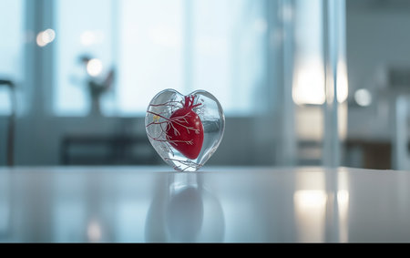 Red heart in a glass heart on a white table. 3d renderingの素材