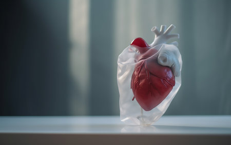 Human heart model in plastic bag on white table with copy space.の素材