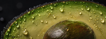 Close-up view of fresh avocado with water drops on black backgroundの素材