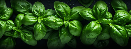 Fresh basil leaves with water drops on dark background. top view.の素材