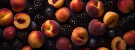 Apricots, blackberries and blueberries on a dark backgroundの素材