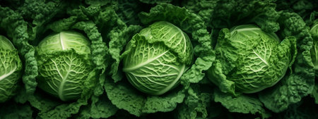 Fresh green savoy cabbage in a vegetable garden, close-upの素材