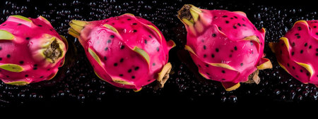 Dragon fruit on a black background with water drops. tropical fruit.の素材