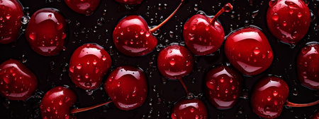 Cherry tomatoes with drops of water on a black background. top view.の素材