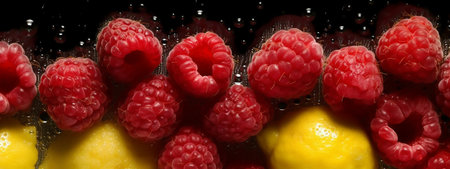 Raspberries and lemon in water on a black background close-upの素材