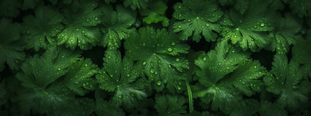 Celery leaves with dew drops, panoramic backgroundの素材
