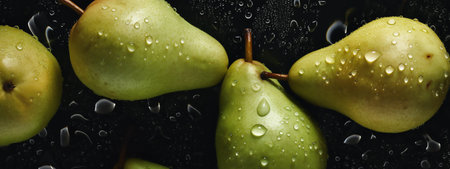 Fresh green pears with water drops on black background, panoramic shotの素材