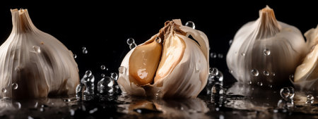 Fresh garlic with water drops on a black background. selective focus.の素材