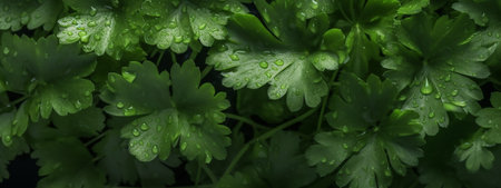Fresh parsley leaves with water drops, panoramic background.の素材