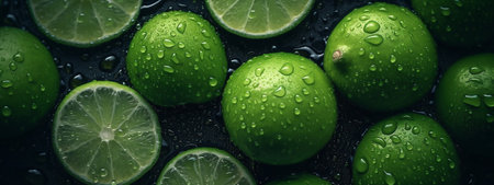 Fresh limes with water drops on a dark background. close up.の素材