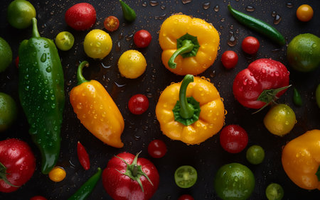 Variety of fresh vegetables on a black background. top view.の素材