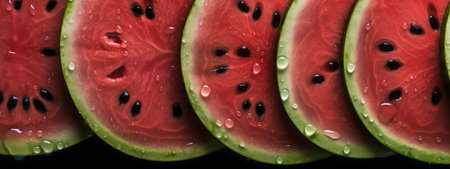 Slices of fresh watermelon with water drops on a black backgroundの素材