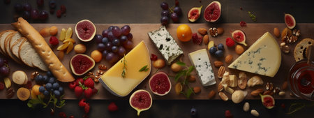 Cheese platter with grapes, figs, nuts and breadの素材