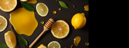 Creative layout made of lemon slices, honey dipper and leaves on black background. Flat lay, top view, copy spaceの素材