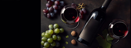 Bottles of red wine and grapes on black background, top viewの素材