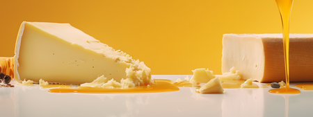 cheese and honey on a yellow background. 3d rendering.の素材