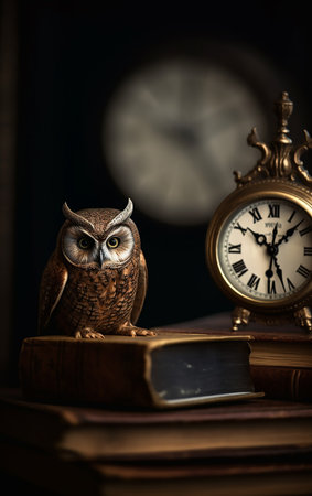 Owl, books and clock on the table. dark background.の素材