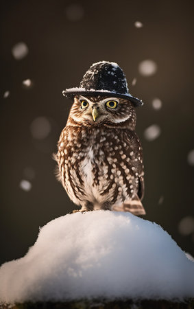 Little owl in hat sitting on snow covered tree stump in winter.の素材
