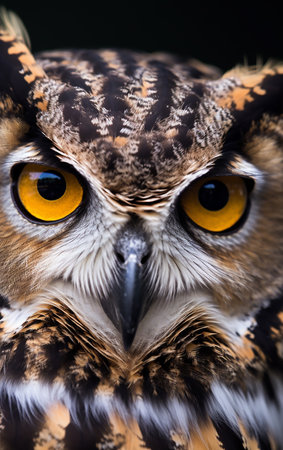 Portrait of a beautiful owl with yellow eyes. close-up.の素材