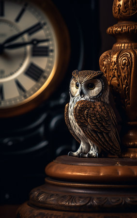 Owl sitting on a clock in the background of an antique clockの素材