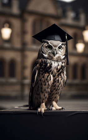 Owl in a graduation cap and gown sitting on a wall.の素材