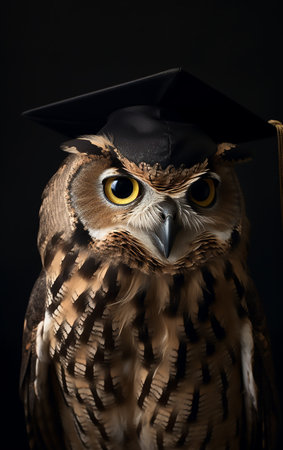Close up of a owl with a graduation cap on a black background.の素材