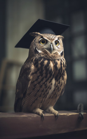Beautiful owl in a graduation cap on the background of the windowの素材