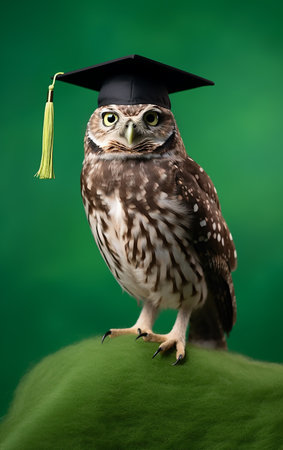 Little owl with graduation cap on green background. studio shot. education concept.の素材