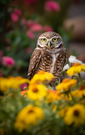 Little owl sitting on a flower bed with colorful flowers in the backgroundの素材