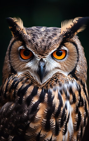 Portrait of an owl with orange eyes, close-up.の素材