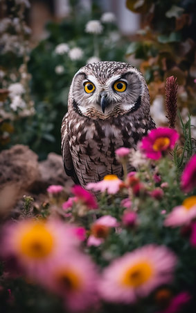 Beautiful owl sitting on a flower bed in the garden in autumnの素材