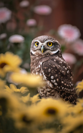 Little owl sitting on a yellow flower in the garden. close up.の素材
