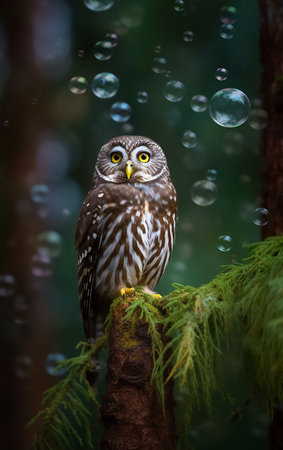 Spotted owlet (Glaucidium passerinum) with soap bubblesの素材