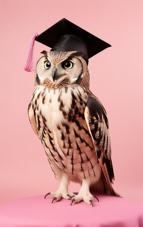 Owl with graduation cap on pink background. Education and graduation concept.の素材